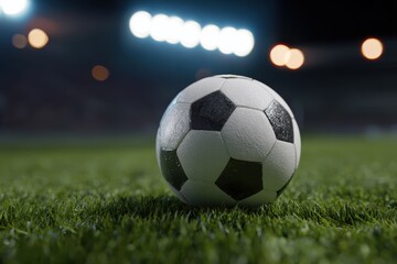 Fototapeta premium Soccer ball on green field with stadium lights in the background