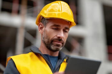 Construction worker in safety gear using a tablet at a busy building site
