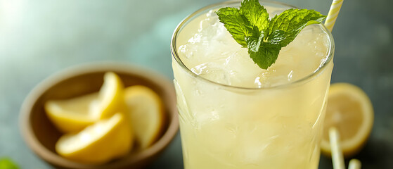 Fototapeta premium Refreshing Lemonade with Mint and Ice Served in a Glass