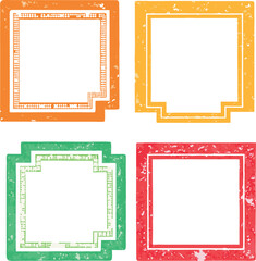 A set of four colorful, distressed square frames with a vintage grunge aesthetic. Ideal for creative graphic design, invitations, labels, and adding a retro touch to any project.