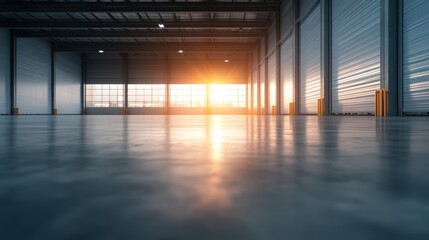 An expansive warehouse interior is illuminated by a warm sunset glow filtering through tall windows, creating an atmospheric perspective that evokes reflection and solitude.