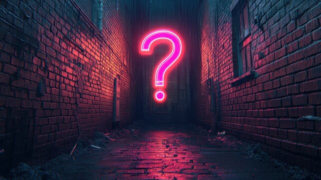Pink neon question mark in a dark alleyway