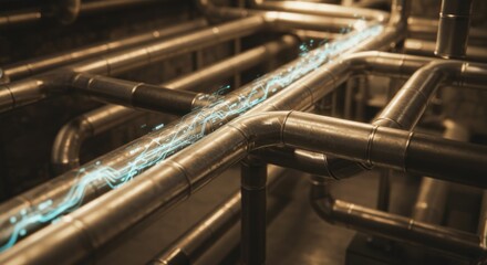Abstract Pipes with Glowing Blue Data Stream Industrial Background