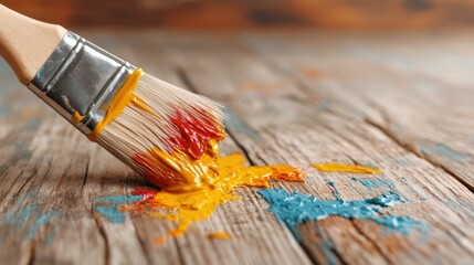 Fototapeta premium This image showcases a paintbrush dripping vibrant shades of yellow, red, and blue paint onto a rustic wooden surface, emphasizing artistic creation and tactile beauty.