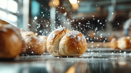 Freshly baked fluffy bread rolls catch the light as flour dust dances in the air, capturing the essence and warmth of a cozy kitchen atmosphere.