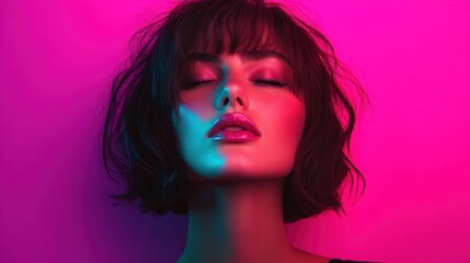 Fototapeta premium A close-up portrait of a beautiful young woman illuminated by vibrant pink and purple light, enhancing her features and creating a captivating, moody aesthetic.