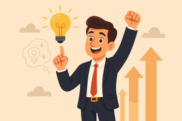 Successful businessman cartoon character celebrating innovative idea, creative thinking, inspiration, career achievement, business growth, light bulb, upward arrows, motivation, leadership concept