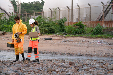 Two environmental researchers walk back from shoreline testing. They carry safety gear, a toolbox, a respirator mask, and a laptop after collecting water samples from a contaminated coast.