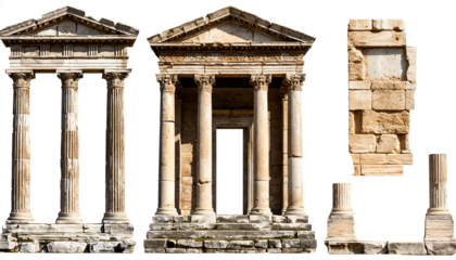 Ancient Greek architectural pediments with columns and separate elements on transparent background, classical heritage set

