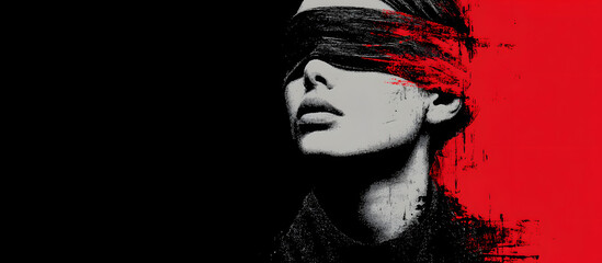Woman with a blindfold, representing the lack of control and awareness of victims of manipulation. Stylized symbolic style to create a solemn and serious atmosphere. 
