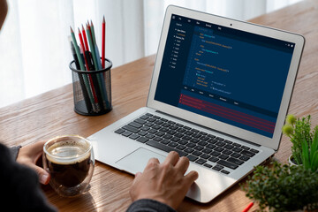 Software development programming on computer screen for modish application and program coding