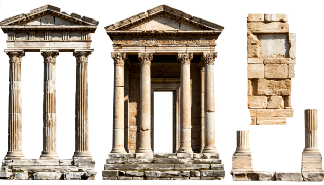 Ancient Greek architectural pediments with columns and separate elements on transparent background, classical heritage set

