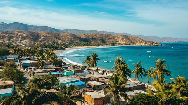 Broad shot of the coastal village of Mancora with palm trees and turquoise ocean