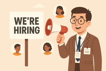 Job Vacancy Recruitment Announcement HR Manager Megaphone Hiring Diverse Candidates Office Careers Opportunity Staff Search Employee Onboarding Business People Professional Vector Illustration