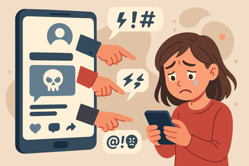 Sad bullied girl crying over cyberbullying, online harassment, social media abuse, internet threats, digital violence, negative comments, teenage mental health, smartphone vector illustration