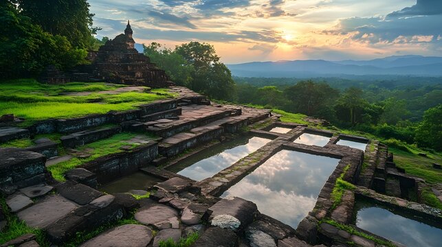 Wide frame of the ruins of Tipon with intricate water channels and terraced hills