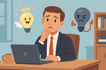 Businessman Decision Making Dilemma in Office, Good vs Bad Idea Light Bulb Concept, Angel and Devil Metaphor, Ethical Choice, Corporate Conflict, Cartoon Vector Illustration, Workplace Ethics