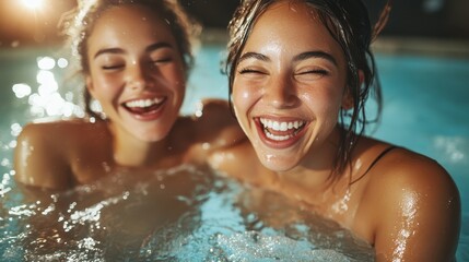 Fototapeta premium Two friends share a joyful moment while swimming in a sparkling pool, their laughter radiating happiness against the sunlit water, creating a perfect summer memory.