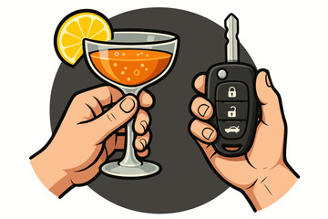 Drunk driving prevention concept. Hand holding cocktail glass with lemon slice and hand holding car key. Alcohol and driving risk. DUI awareness. Vector cartoon illustration for safety campaigns