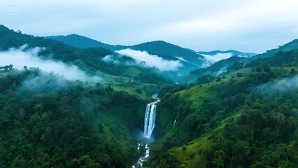 a drone view of waterfalls, hills and clouds in bandarban