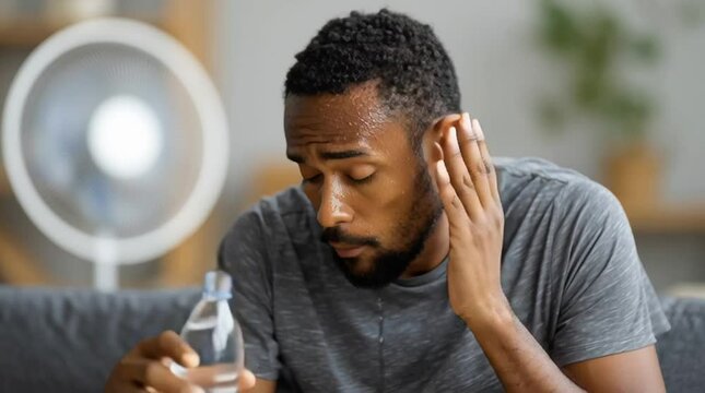 A young African man with short hair drinks water while sweating indoors. A fan is visible in the background, emphasizing the summer heat and thirst.