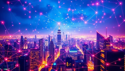 Obraz premium Abstract network nodes and connections forming a futuristic city skyline, AI, machine learning