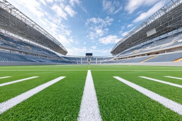 Fototapeta premium Wide-angle view of empty football stadium with lush green field and blue sky