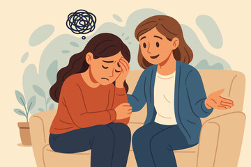 Compassionate woman comforting anxious friend on couch, emotional support, mental health care, empathy, counseling, overcoming stress and depression, psychological help, vector illustration