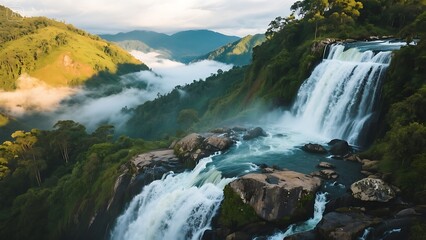 a close view of waterfalls, hills and clouds in bandarban
