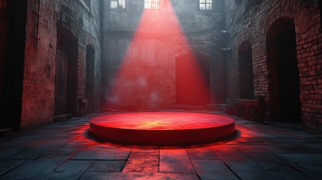 Red light illuminates a circular platform in a dark alleyway