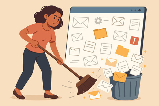 Woman cleaning up digital clutter deleting spam emails and files from inbox to trash bin. Concept of digital organization, email management, productivity, online decluttering, cyber hygiene vector