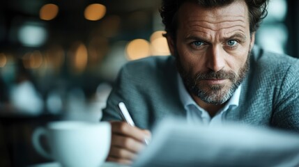 A thoughtful man stares intently at his notes in a cozy café, pen in hand and a steaming cup of coffee beside him, capturing a moment of productivity and creativity.