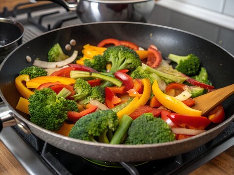 Colorful mixed vegetables being saut ed in a black frying pan