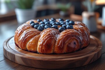 A sweet baked cake, topped with fresh blueberries, sits on a wooden plate. Perfect for illustrating baking, holidays, or gourmet dessert concepts.