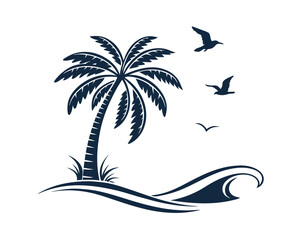 Stylized Palm Tree Silhouette with Ocean Wave and Flying Seagulls