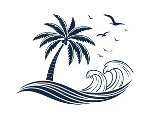 Stylized Palm Tree on Island with Ocean Waves and Birds