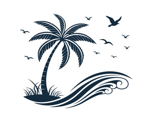 Stylized Palm Tree on Island with Ocean Waves and Birds