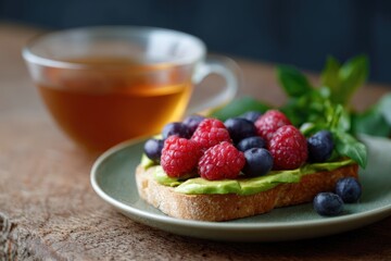 Healthy breakfast setup with avocado toast, fresh berries, and herbal tea on wooden table