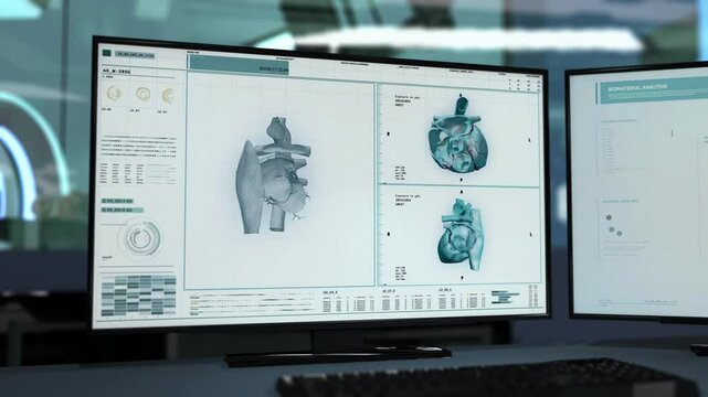 Modern diagnosis scanning system analyses the biological composition of organs. Diagnosis software scanning the human heart for biology research. Biology scanner diagnoses Cardiac Ischemia disease