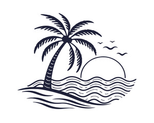 Silhouette Palm Tree Ocean Sunset Seascape Illustration