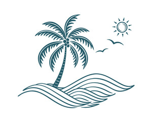 Stylized Palm Tree on Ocean Waves with Sun and Birds