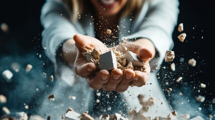 A powerful woman passionately crushes rocks in her hands, symbolizing strength and resilience as she breaks barriers and represents determination in challenging situations.