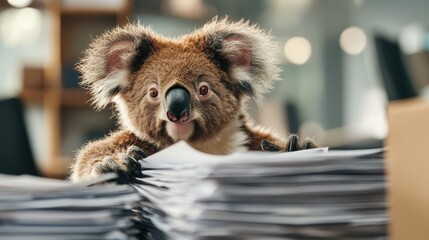 This delightful image showcases a cute koala peering curiously over a pile of paperwork, perfectly blending a sense of humor with the chaos of everyday life in a unique and playful manner.