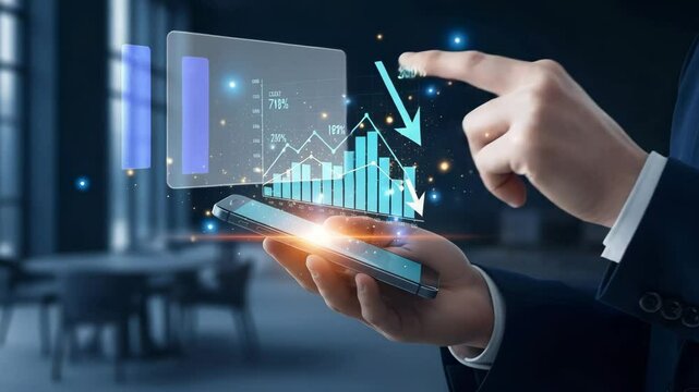 Man holding smartphone displaying a financial graph with downward trend and percentages shown