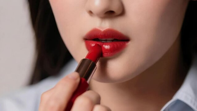Mujer aplicándose labial rojo en primer plano