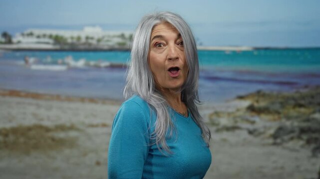 Senior woman with grey hair wearing blue shirt expresses surprise at the seaside with blue ocean and beach in the background creating a joyful and relaxed outdoor atmosphere.