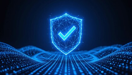 A glowing digital shield with a checkmark symbolizes security and data protection