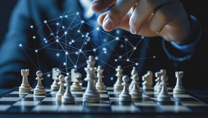 Businessman moving chess piece on board, business strategy and planning concept. - Powered by Adobe
