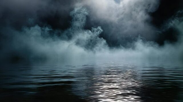 A mysterious mist swirls over a dark water surface, creating a mystical and atmospheric scene. Ideal for horror or drama backgrounds. Emphasizes uncertainty, ideal for meditative or disturbing themes.