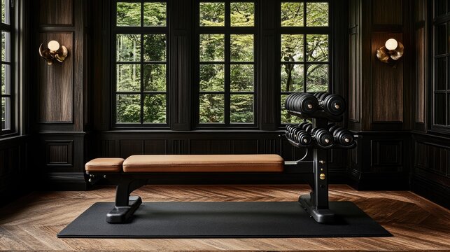 Stylish home gym with dark wood paneling and large windows.